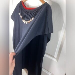 Beach Poncho Black and Red Swim Coverup with Real Seashell Fringe